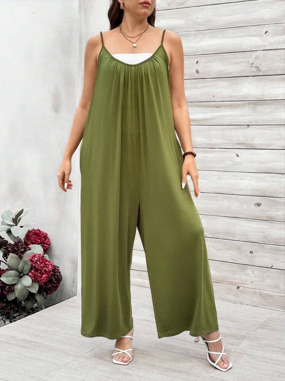 Olive Wide-Leg Spaghetti-Strap Jumpsuit